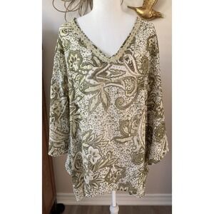 Stitch by Chenault L Olive Paisley Tunic Gold Metallic Boho V Neck Top Large